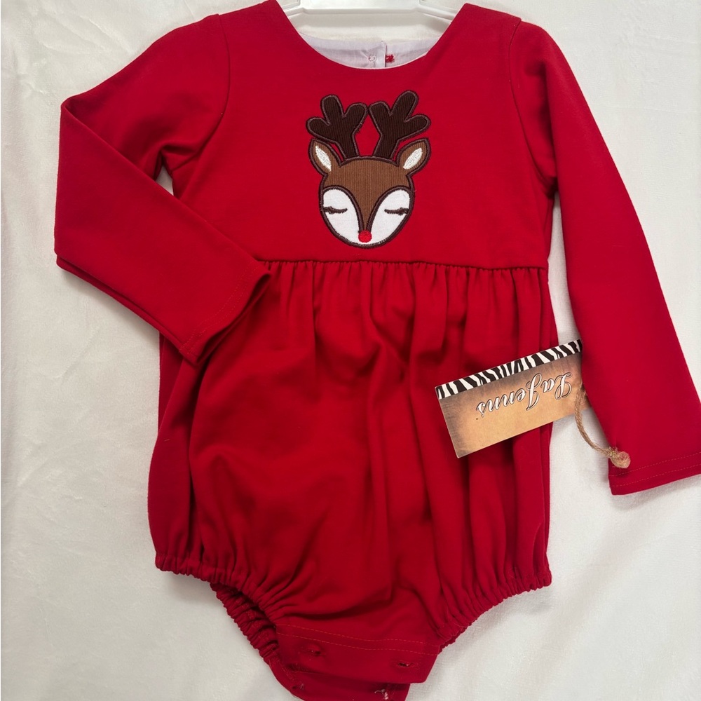 NEVER WORN LA JENN'S Red Baby Bodysuit with Reindeer Appliqué